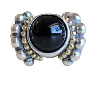 Flli Menegatti Ring Size 8.5 925 & 14k Gold Beading Italy Black Onyx Sterling